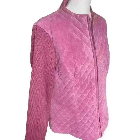 Clothes by Revue Pink/Mauve Quilted Leather Jacket Knit Sleeves. Size 14 - Picture 3 of 10